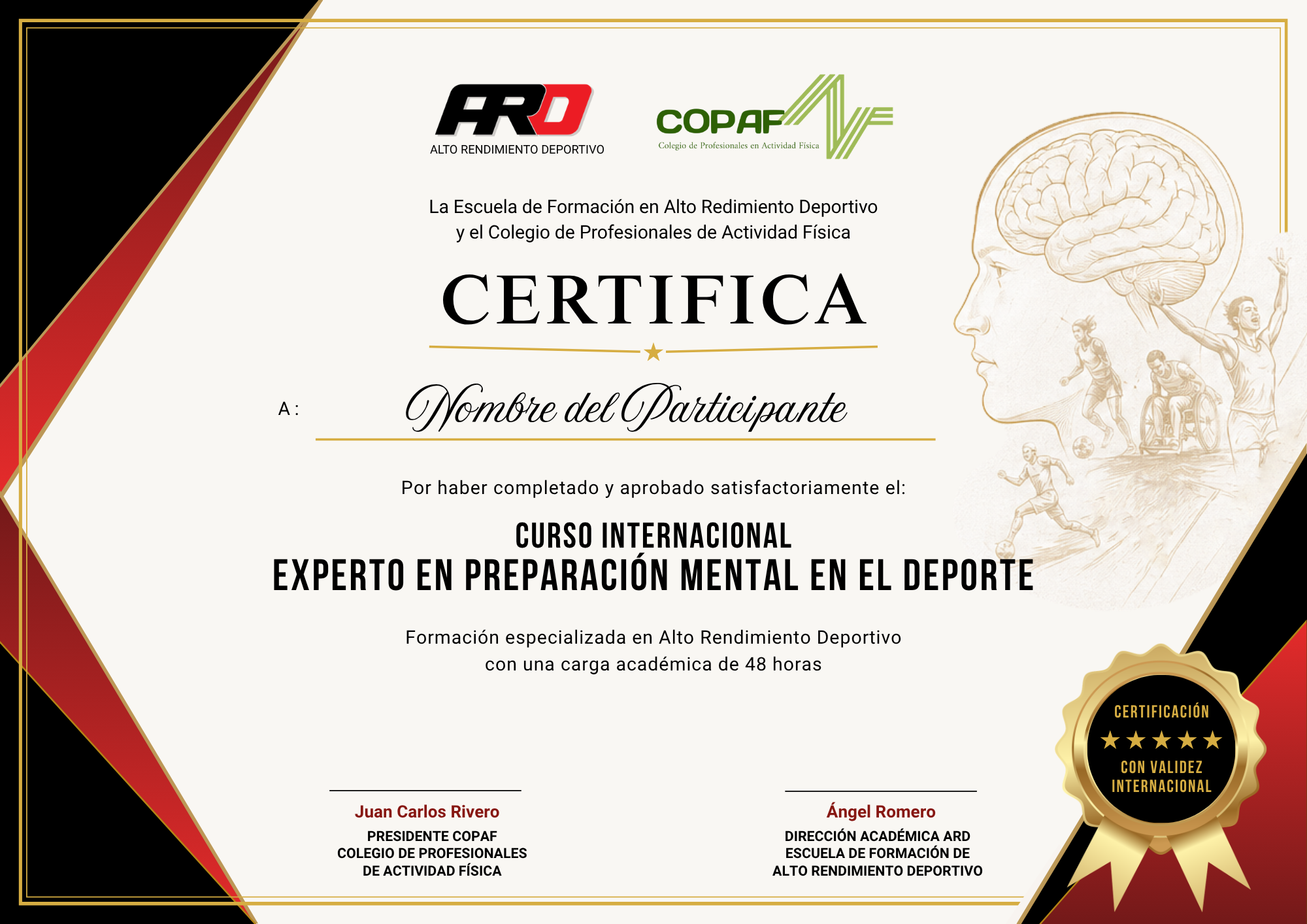 Ejemplo de certificado del Curso Experto Internacional en Preparación Mental en el Deporte, avalado por ARD y COPAF